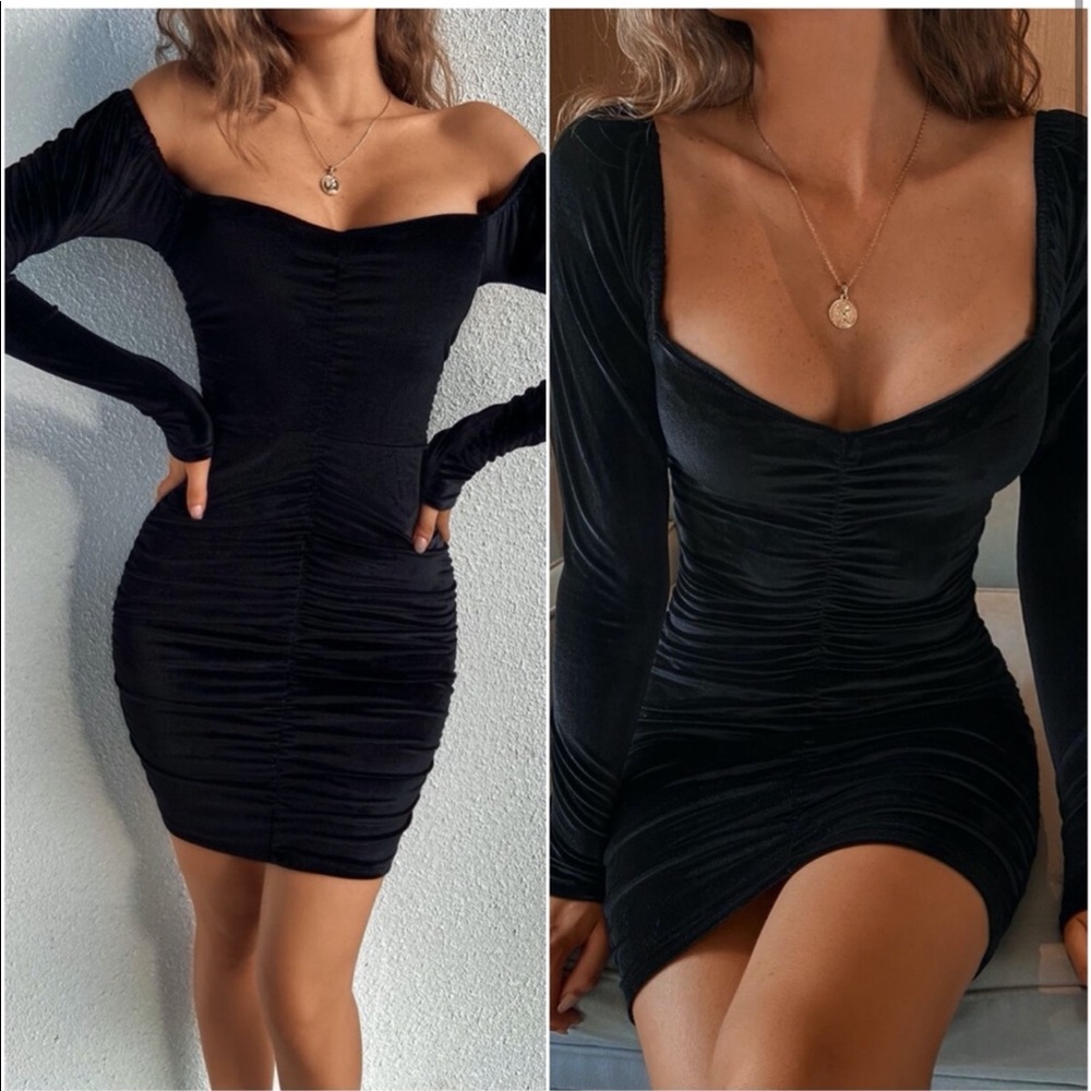 Black Lush Velvet Fitted Sweetheart Dress - Picture 2 of 8